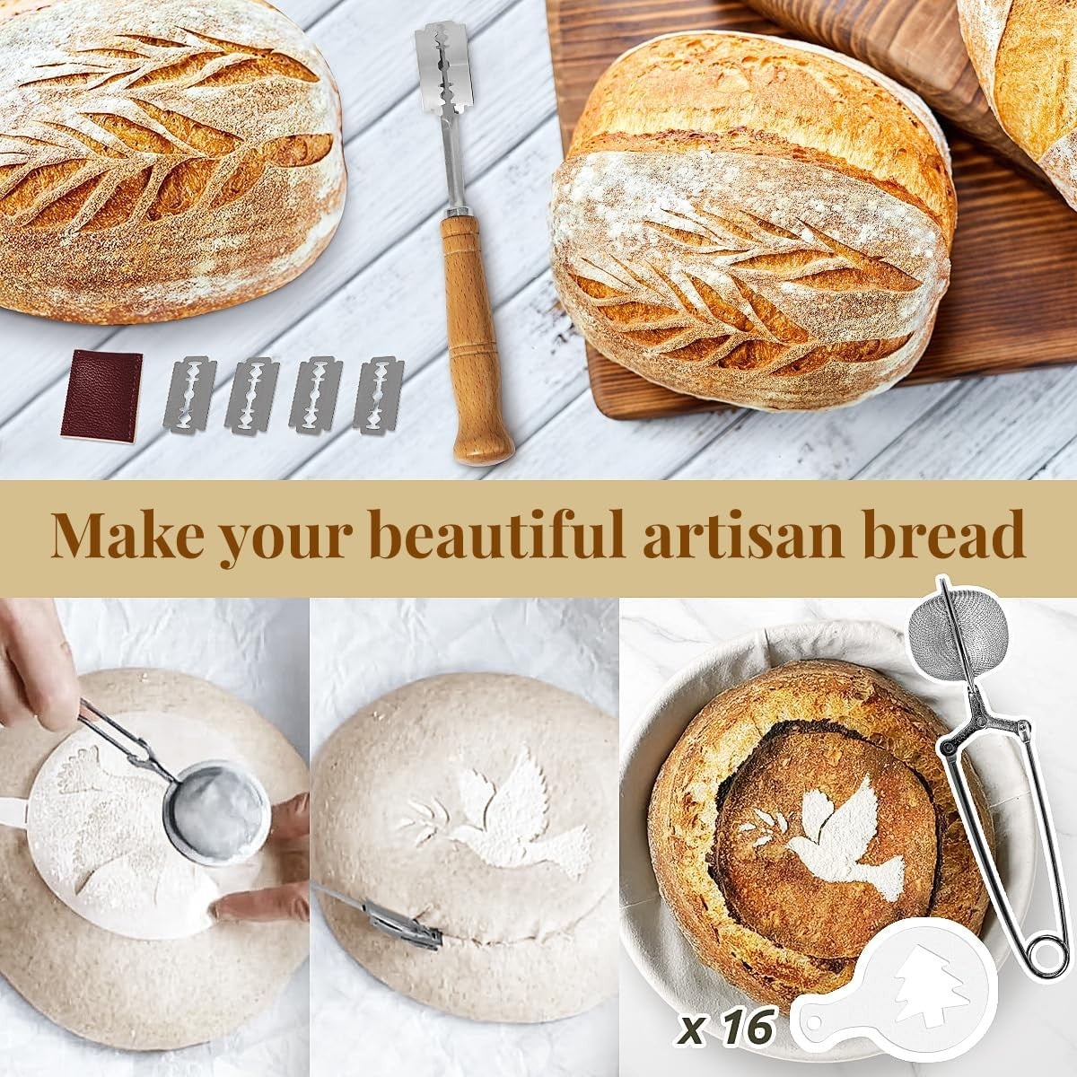 2PCS Bread Proofing Baskets Set with Dough Scraper Whisk Bread Lame