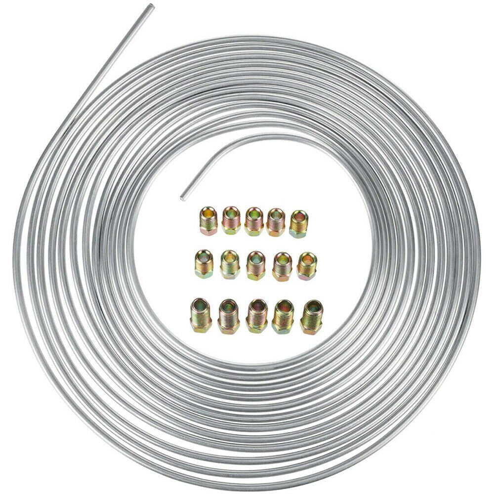 25Ft Roll Coil 3/16''OD Steel Zinc Brake Line Fuel Tubing Pipe Kit & 15 Fittings