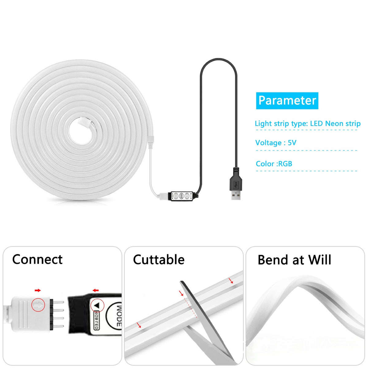 5M RGB Neon LED Strip Lights USB Music Sync
