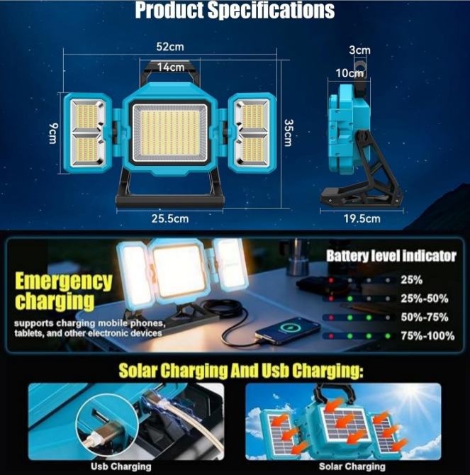 88W Solar Rechargeable Work Light 52000Lumen Foldable LED Work Lights w/ 3 Modes
