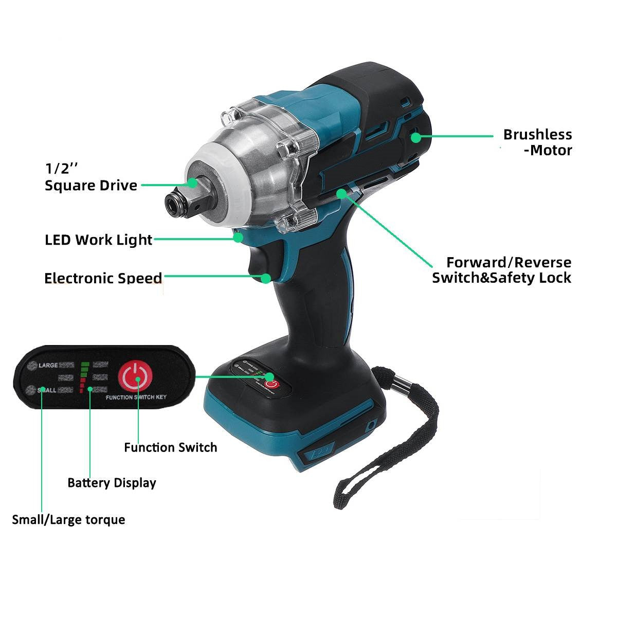 Brushless Cordless Electric Impact Wrench fits Makita 18V Battery 1/2 inch