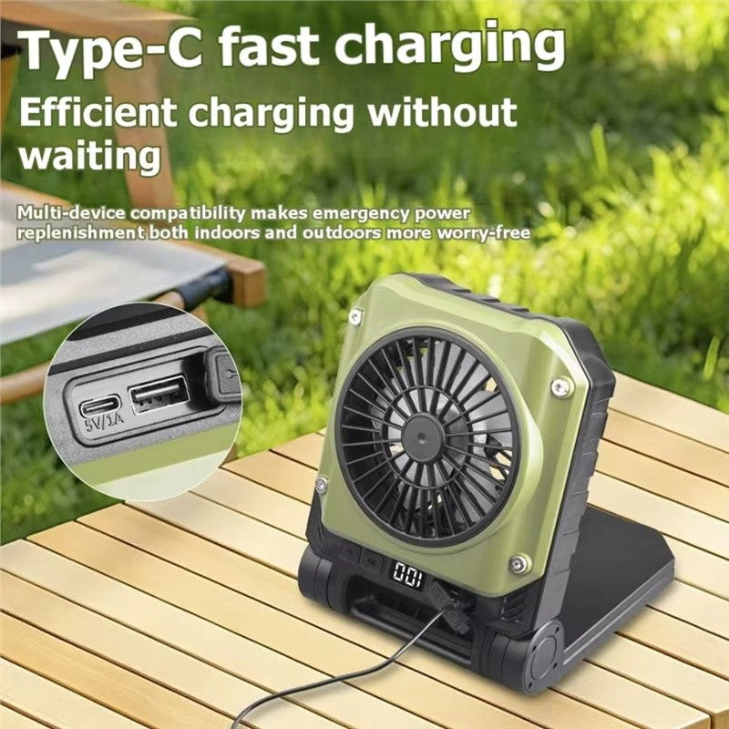 Solar Camping Fan with LED Light Portable Folding Outdoor Tent Fan Dual Panel