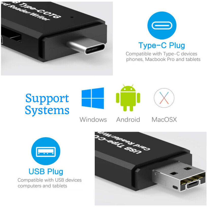 CF/SD/TF Card Reader USB-A & Type C Ports Card Adapter for Laptop MacBook Phone
