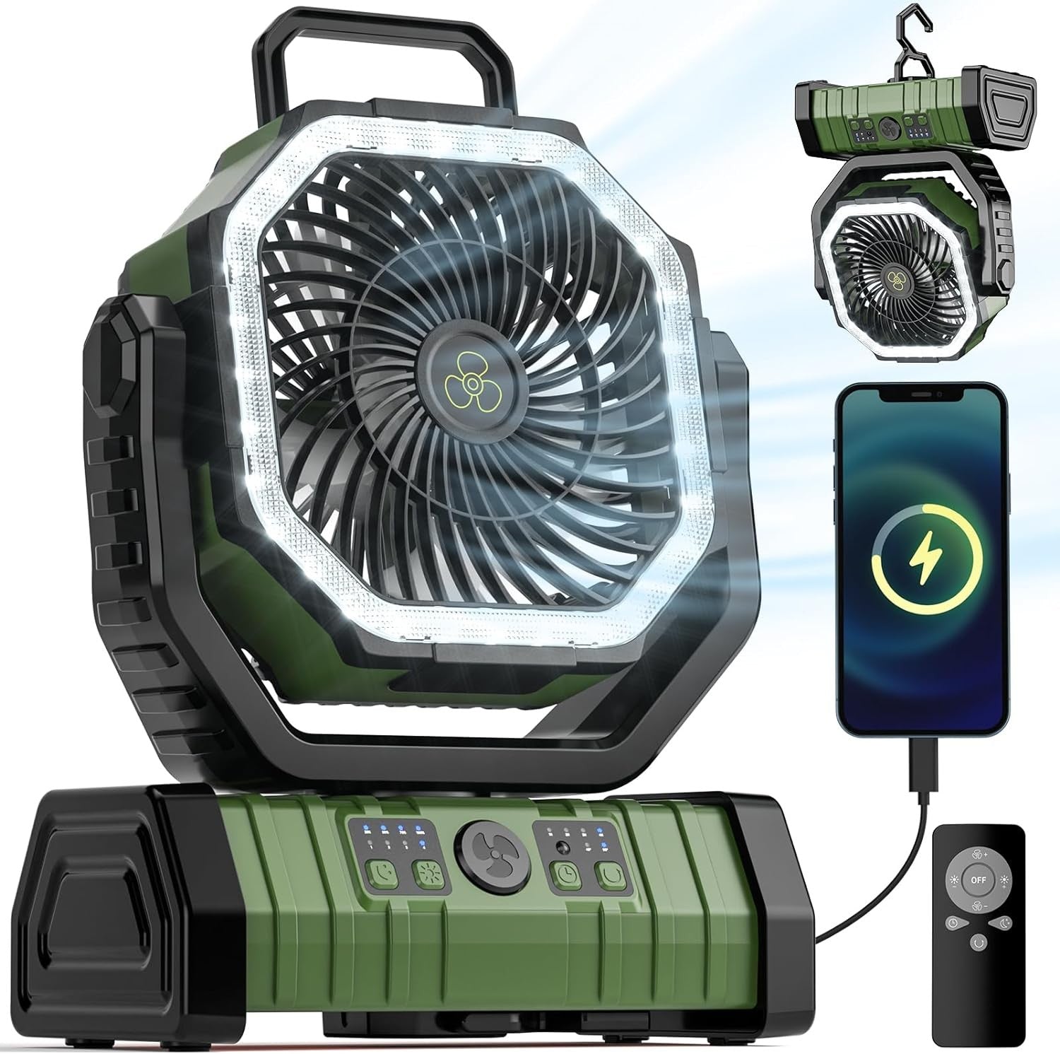 20000mAh Camping Fan with LED Light Auto-Oscillating Desk Fan with Remote & Hook