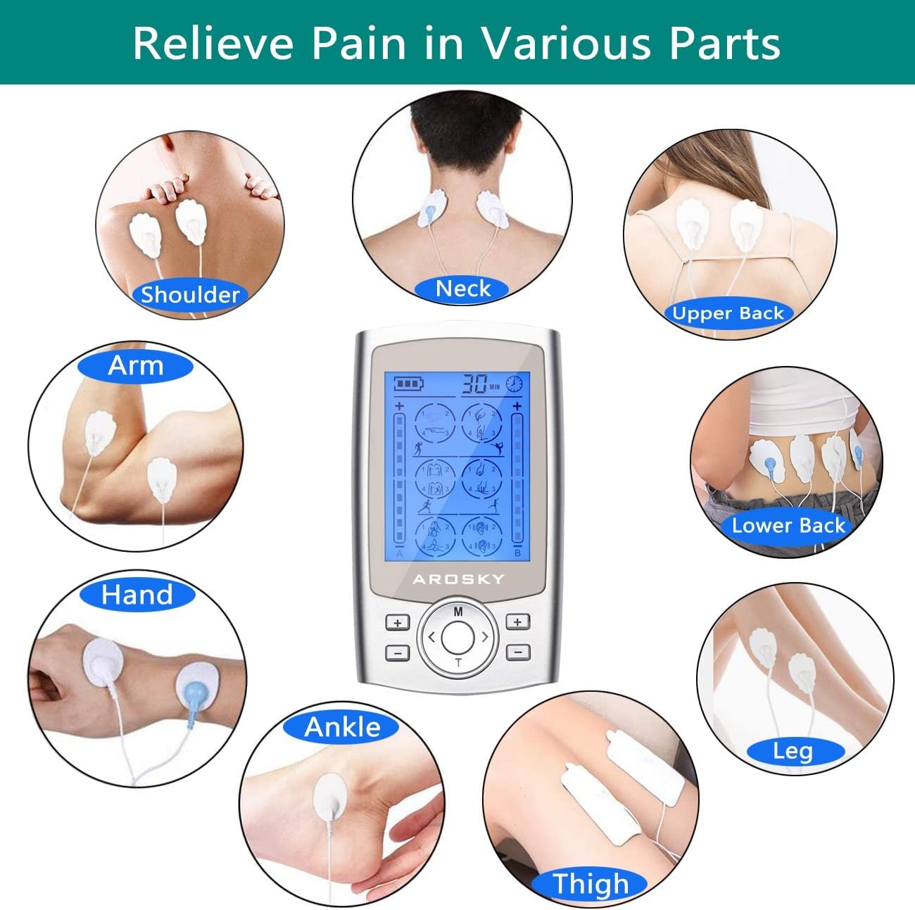 TENS Machine with 24 Massage Modes & 10 Pads