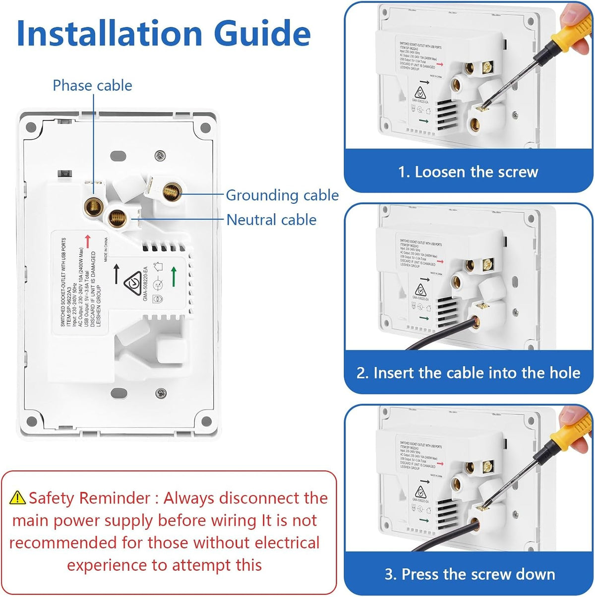 Wall Socket Power Point USB Double - Horizontal - 10A (USB Type C, USB)