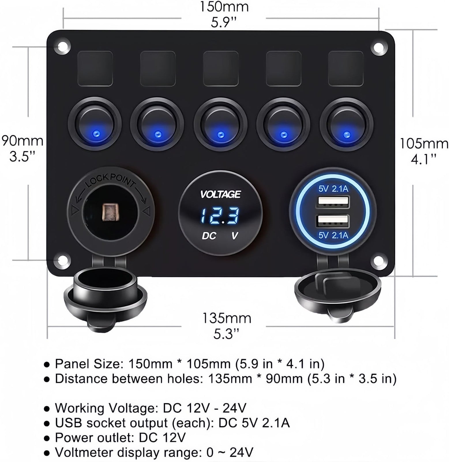 5-Gang Multi-Functional Rocker Switch Panel With Dual USB Charger