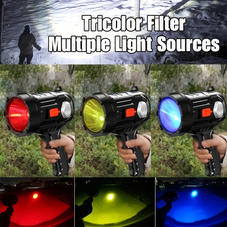 Rechargeable LED Handheld Torch Spotlight Camping Flashlight With 3 Color Lenses