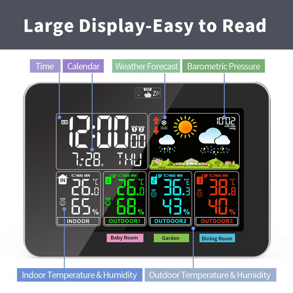 Weather Station Wireless Thermometer with 3 Sensors Temperature Humidity Monitor