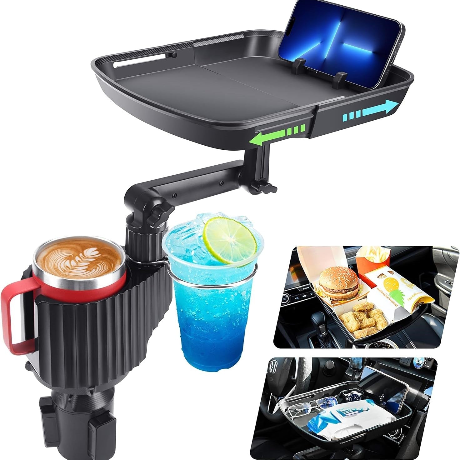 3 in 1 Expandable Cup Holder Tray for Car Cup Holder Expander for Car Food Table