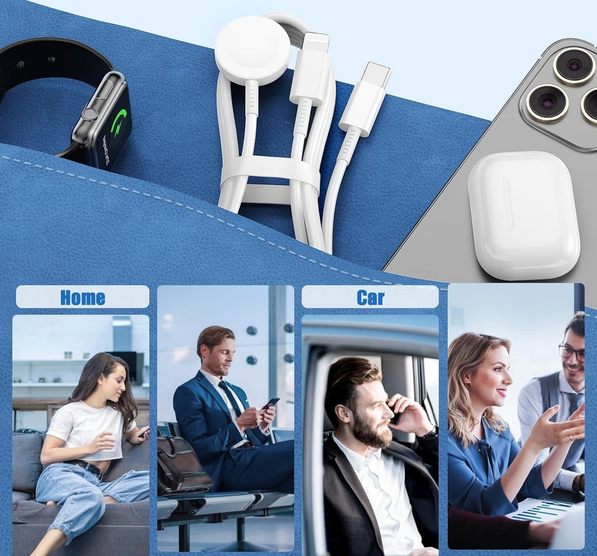 3-in-1 USB-C Charging Cable for Apple Watch, iPhone, iPad & USB-C Android Phones