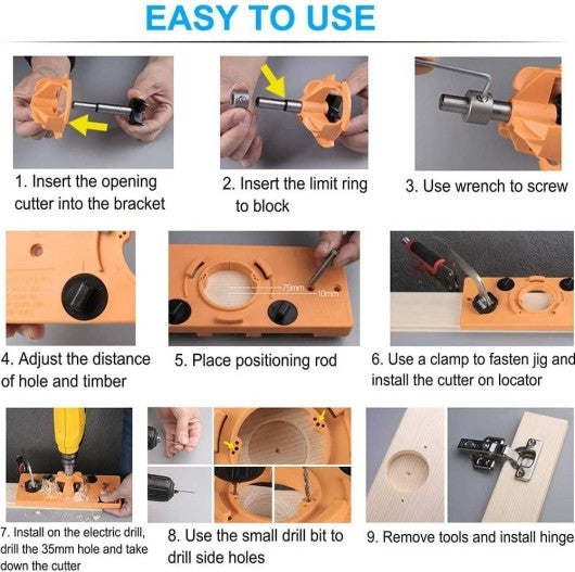 Concealed 35mm Cup Style Hinge Jig Boring Hole Drill Guide with Drill Bit Wood