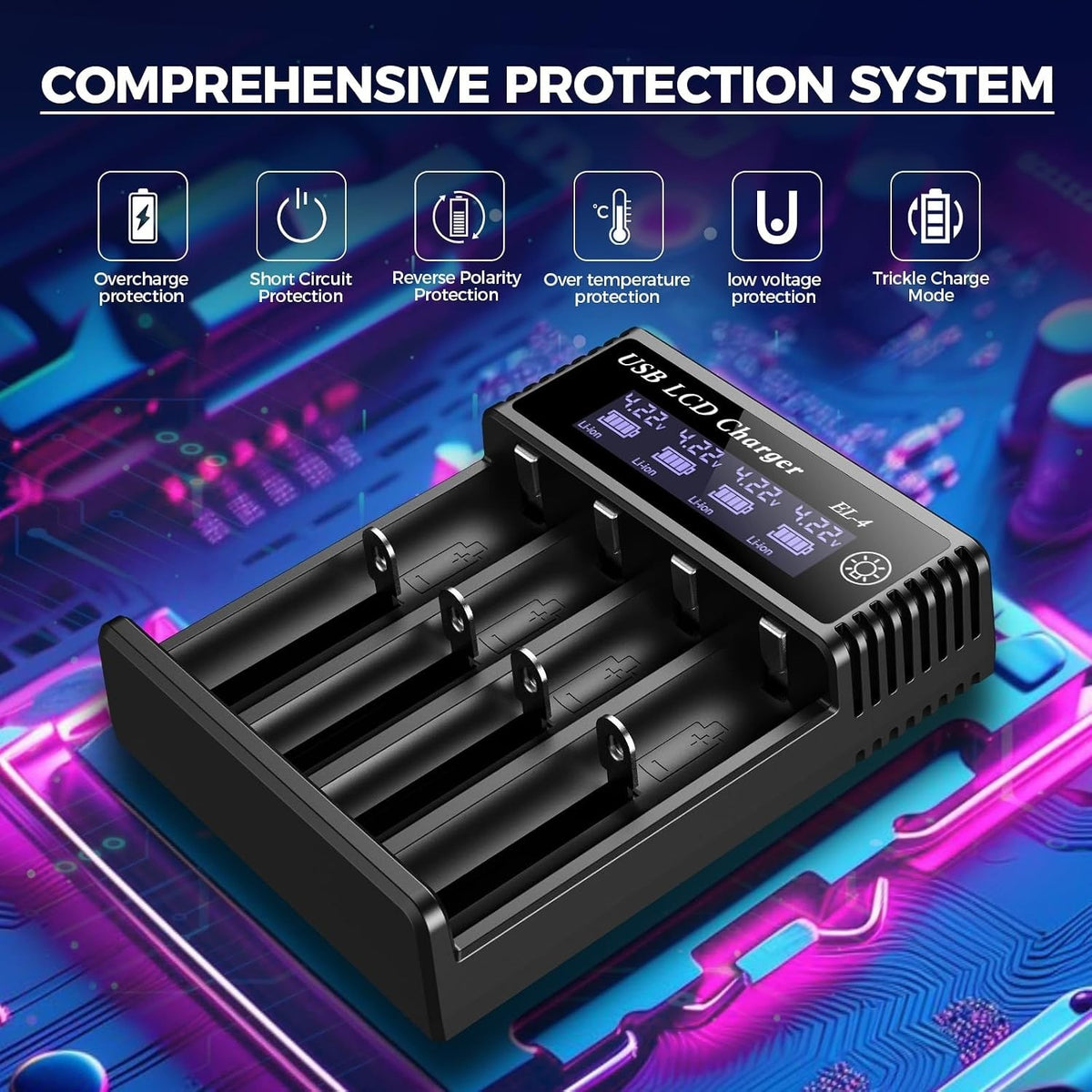 4 Bay Battery Charger LCD Display For Rechargeable Battery AA AAA 18650 26650