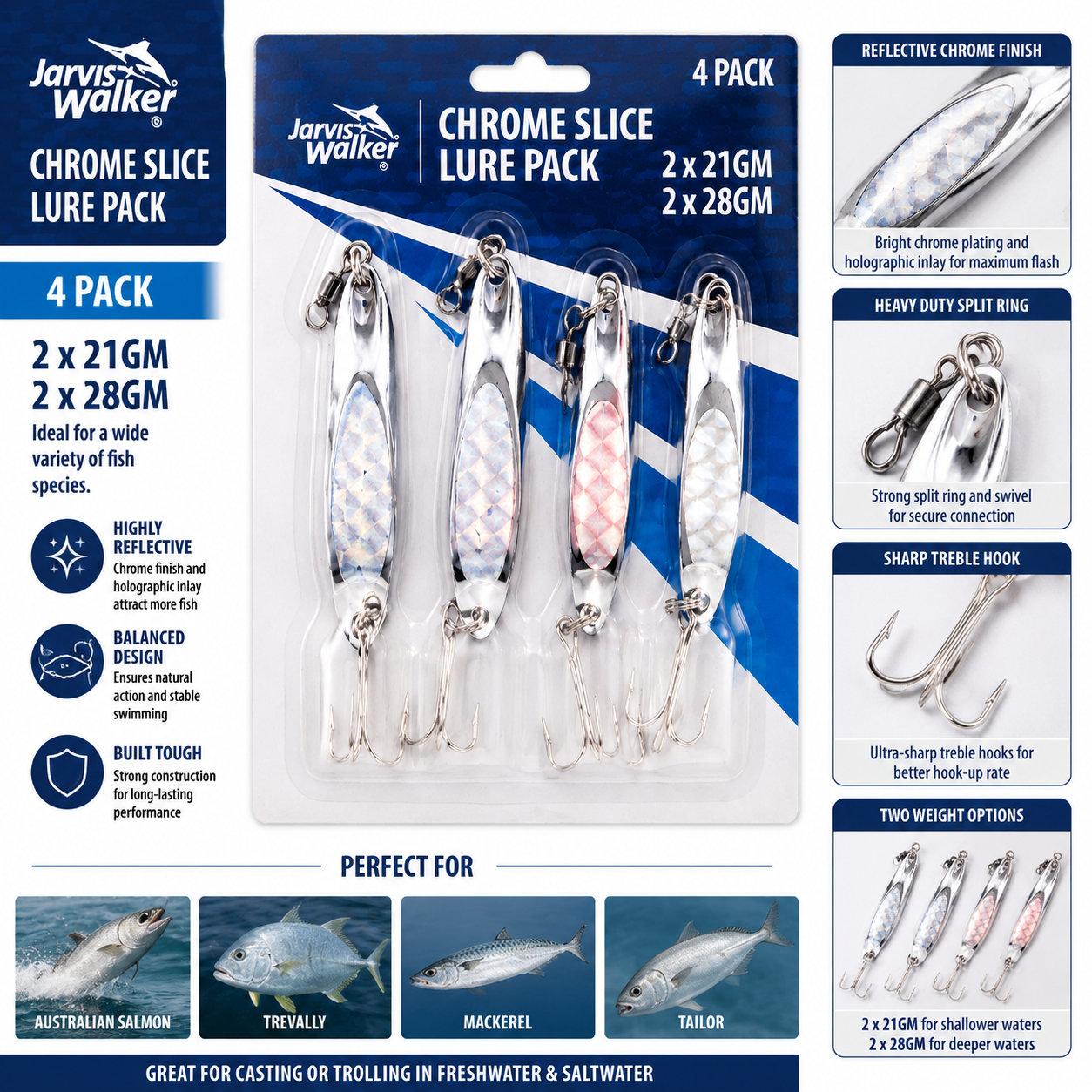 Jarvis Walker Chrome Slice Lures 2 Pack 3/4Oz & 1Oz Metal Fishing Lure Tackle