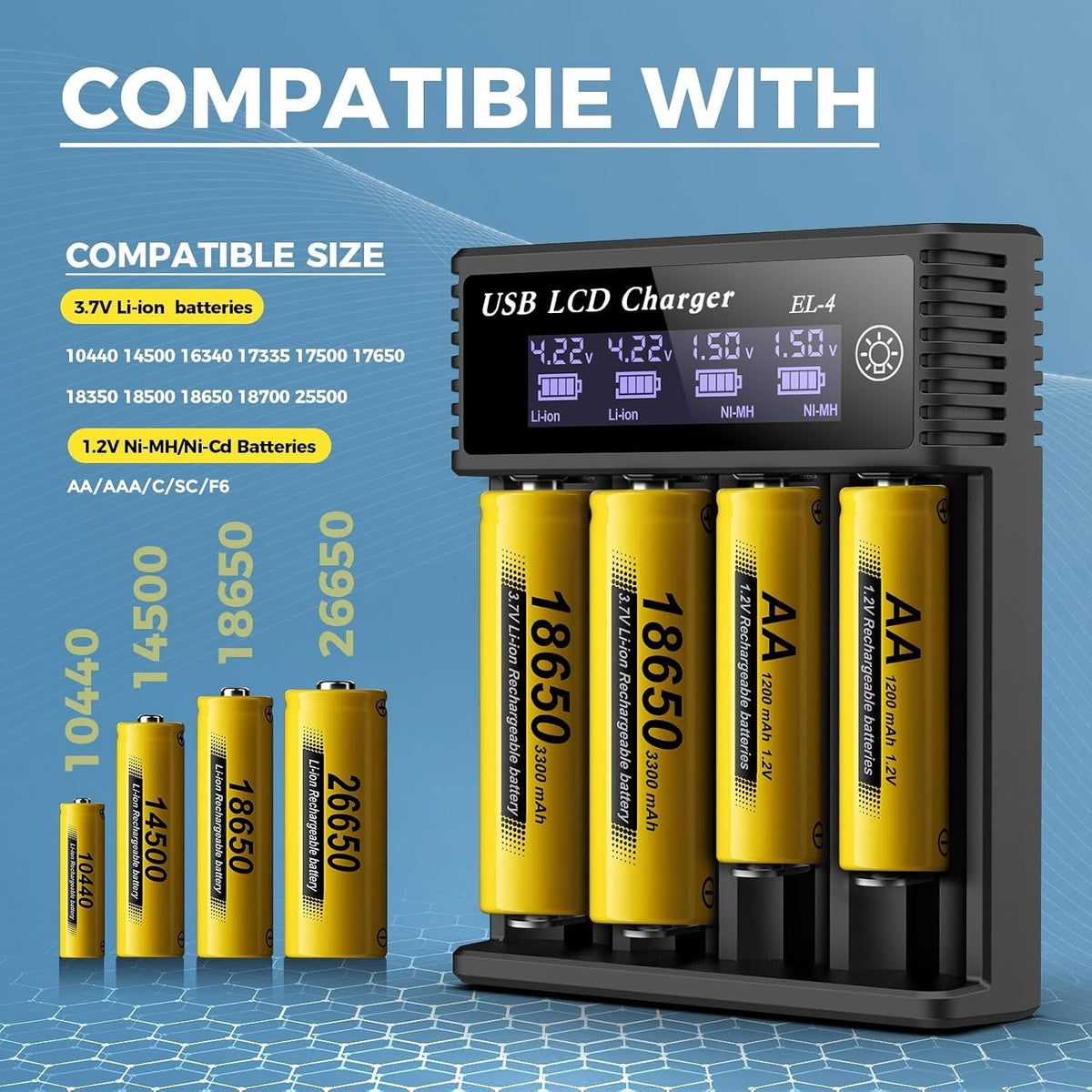4 Bay Battery Charger LCD Display For Rechargeable Battery AA AAA 18650 26650
