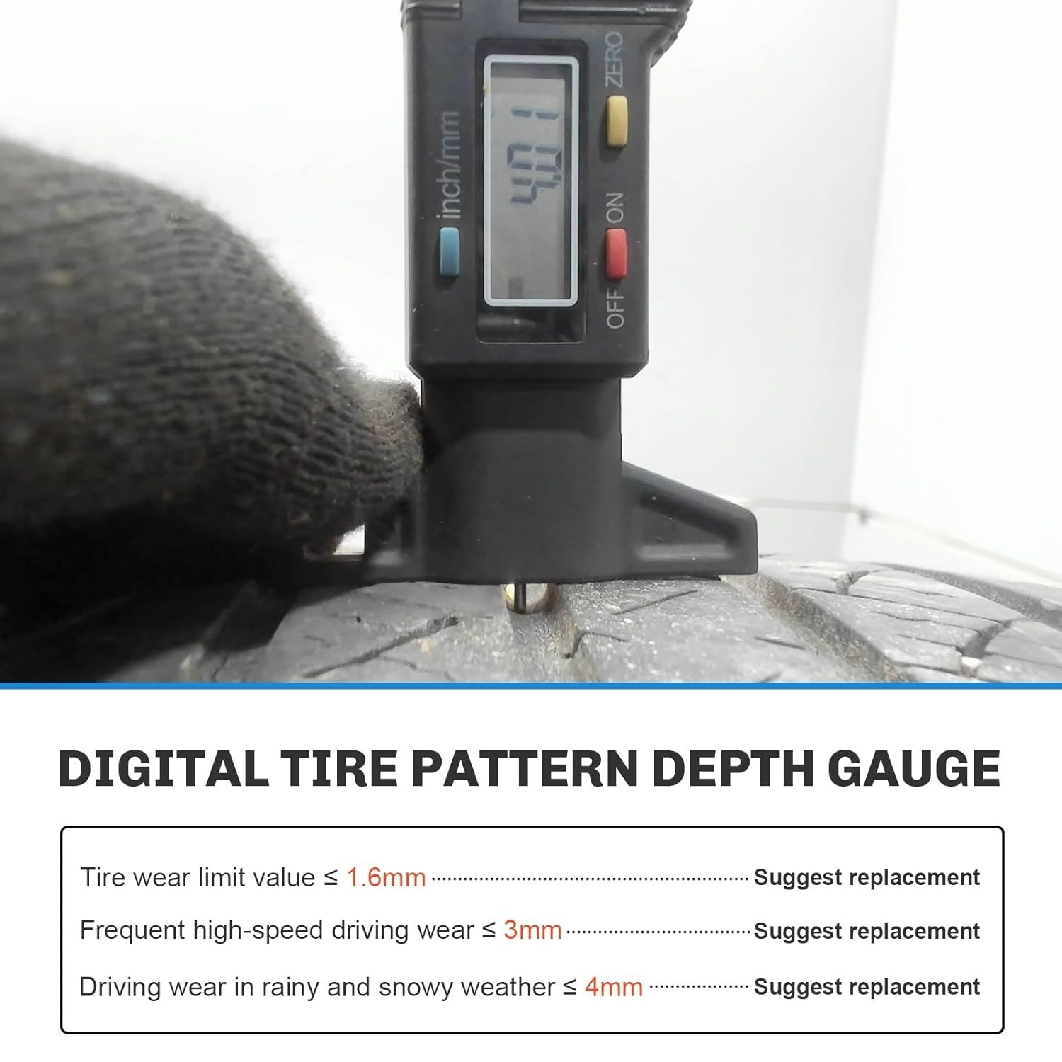 Tyre Tread Depth Gauge Portable Tread Depth Tester with Large Screen Display