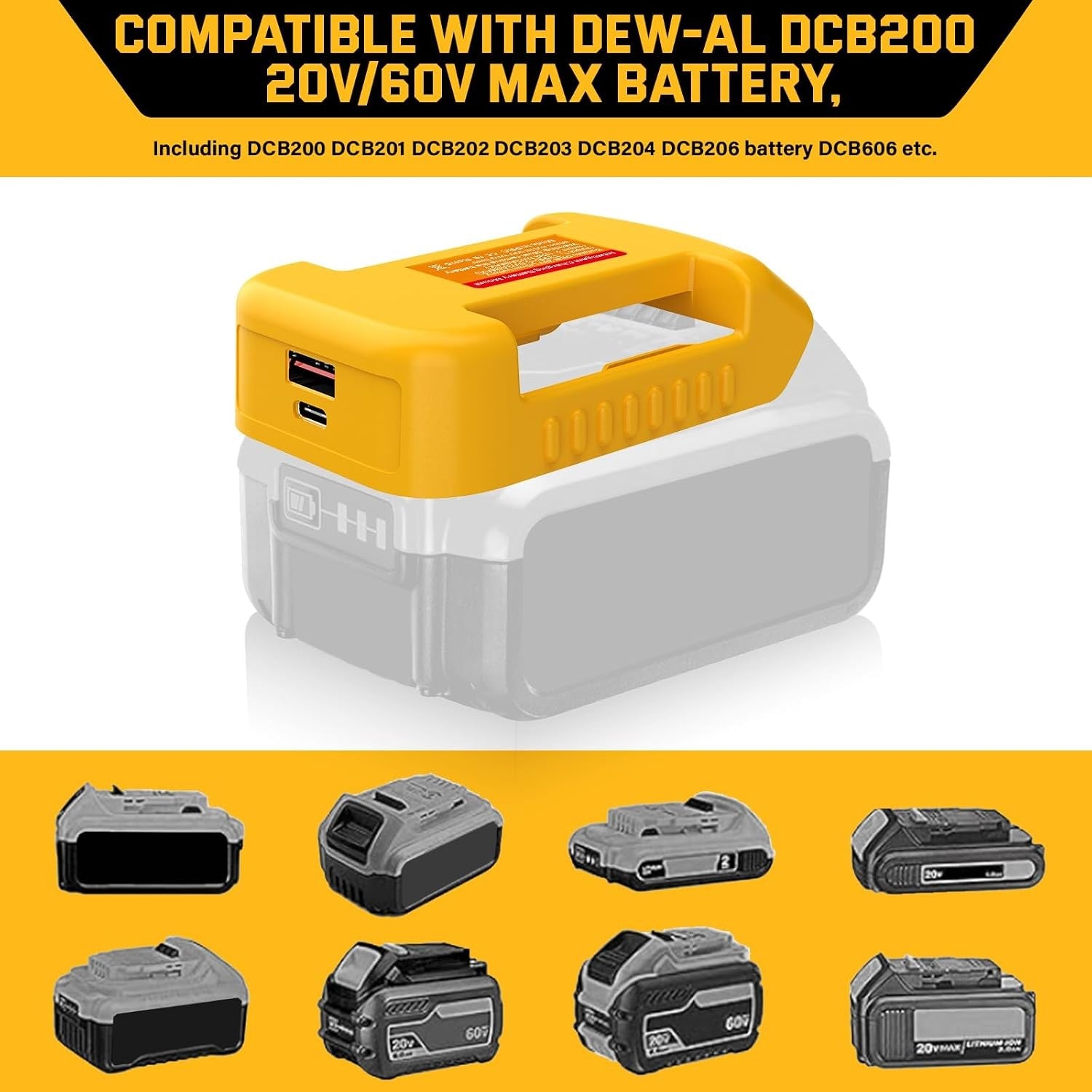 USB Fast Charger Adapter for Dewalt 20V Battery with USB & Type-C Rapid Charging