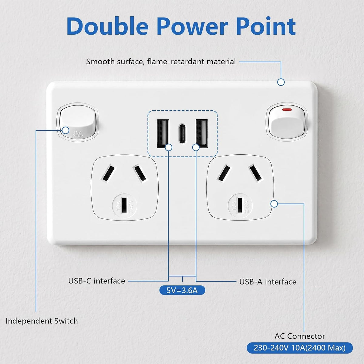 Wall Socket Power Point USB Double - Horizontal - 10A (USB Type C, USB)