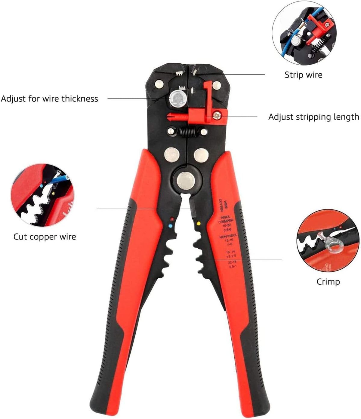 Self-Adjusting Wire Stripper and Crimping Tool – Strips 10-24 AWG