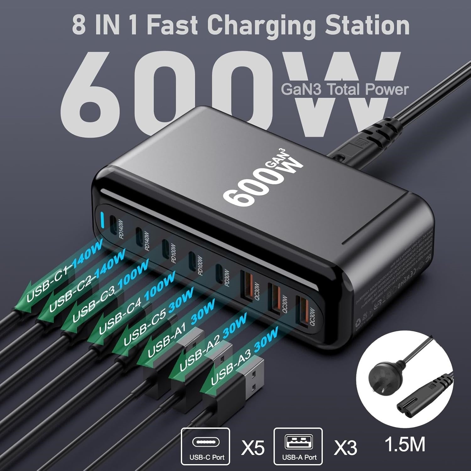 600W Fast Charging Station HUB Wall Charger USB Type C PD 8 Ports