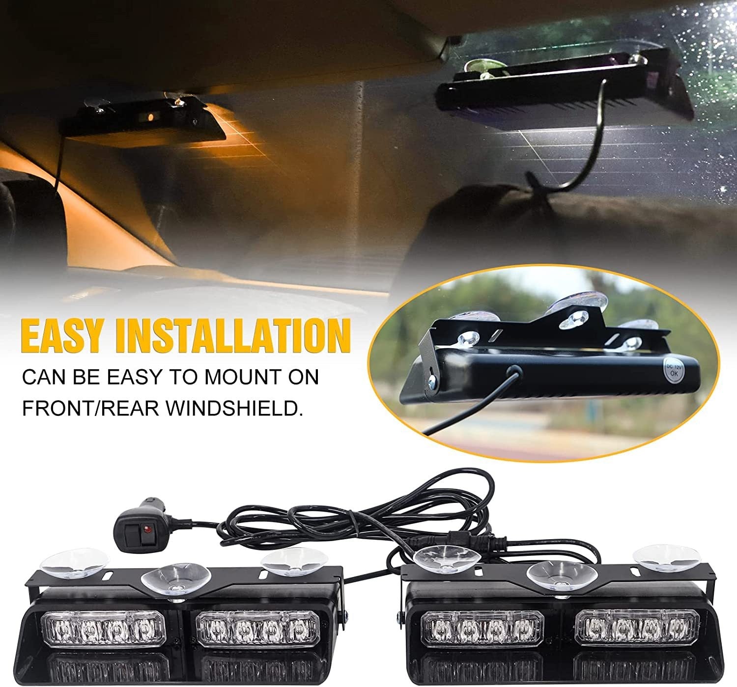 12V 2 in 1 Emergency Dash Strobe Lights Interior Windshield Amber White Warning