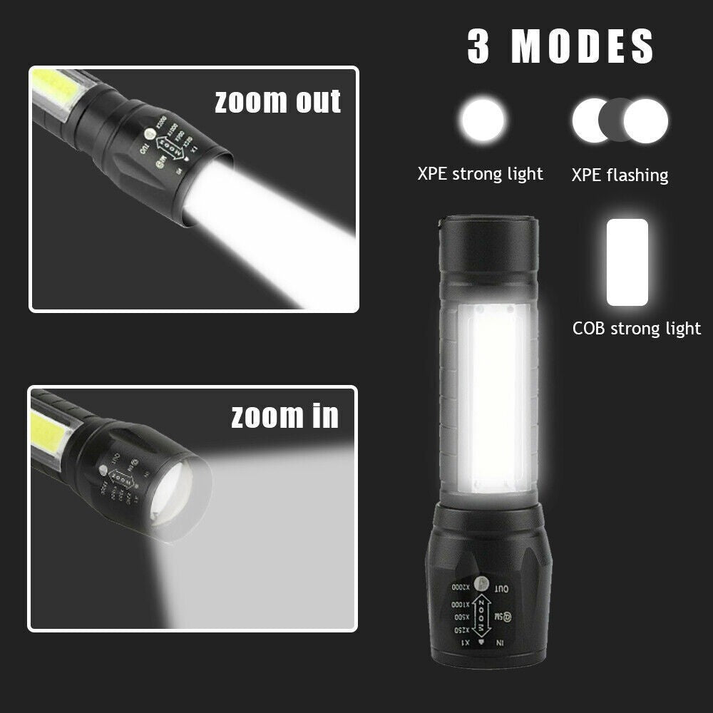1000LM COB LED Flashlight Zoom USB Rechargeable Camping Small Torch Lamp