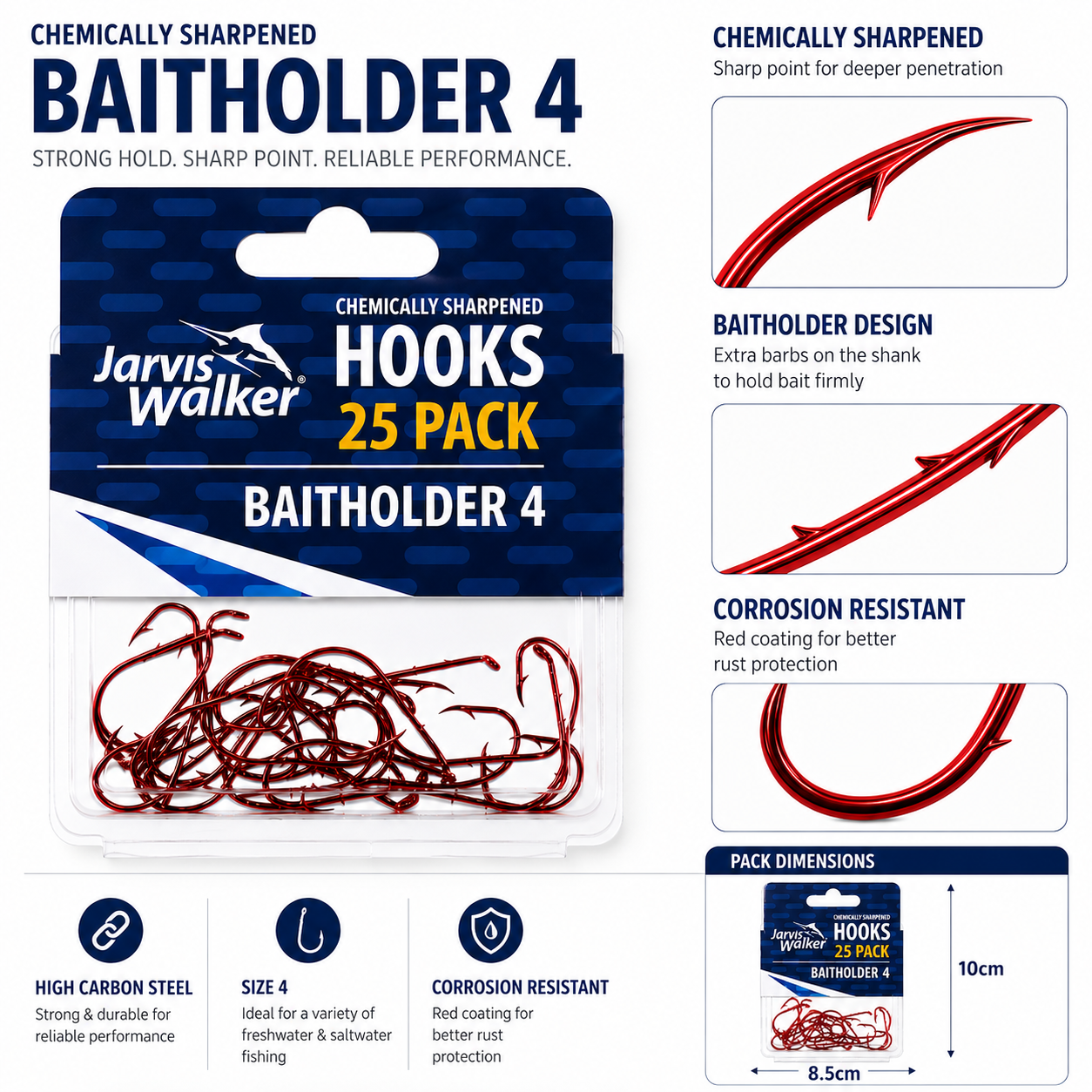 Jarvis Walker Baitholder Hooks Size 4, 2 Pack Fishing Hooks Bait Tackle Gear