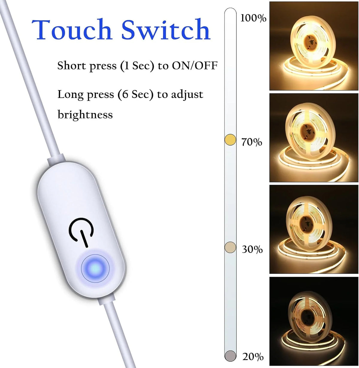 1M Dimmable USB LED Light Strip Warm White COB LED Strip Lights Touch Switch Controller