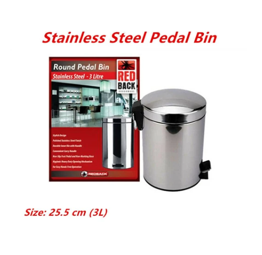Stainless Steel Pedal Rubbish Bin w Handle Trash Waste Garbage Can 3L