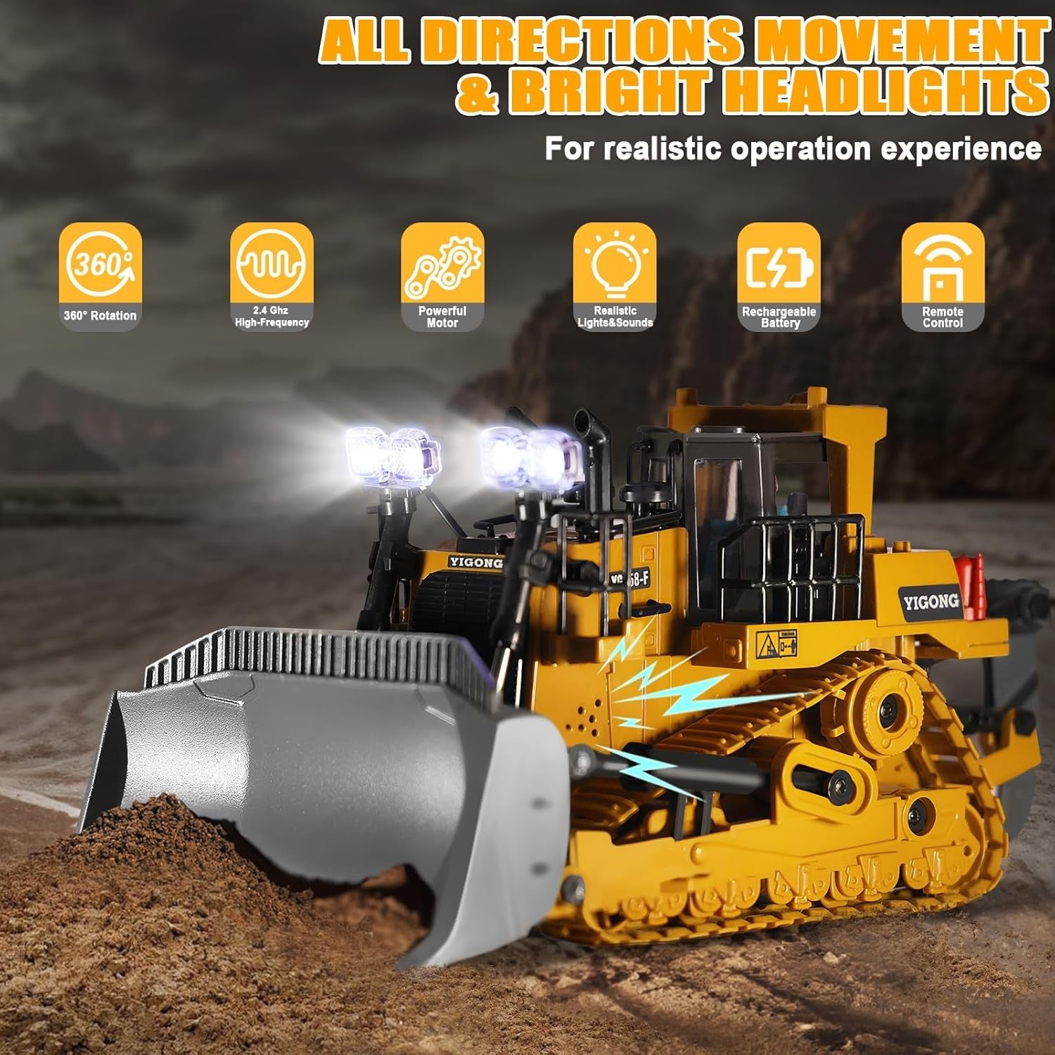 Remote Controlled Bulldozer, 9-Channel Metal RC Construction Vehicle Toy