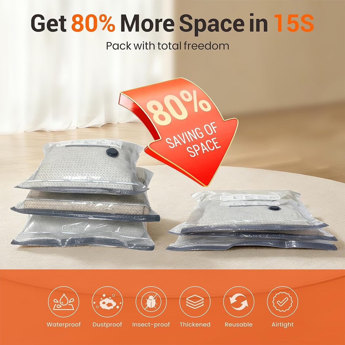 15 Pack Vacuum Storage Bags with Rechargeable Electric Pump Travel Space Saver