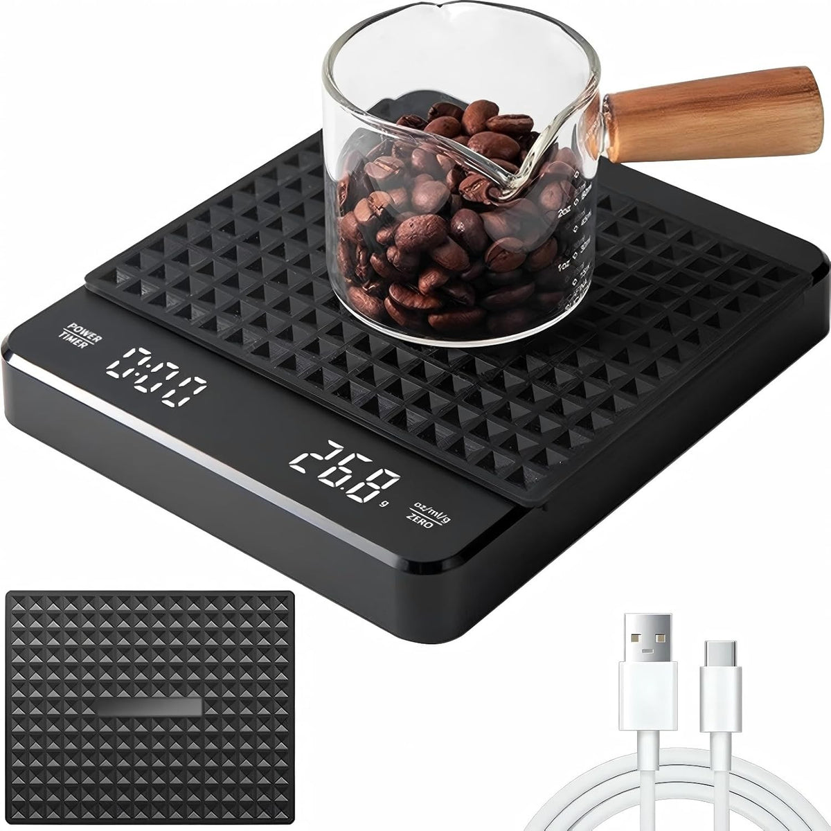 High Precision Digital Coffee Scale Rechargeable LED Display with Timer 3kg