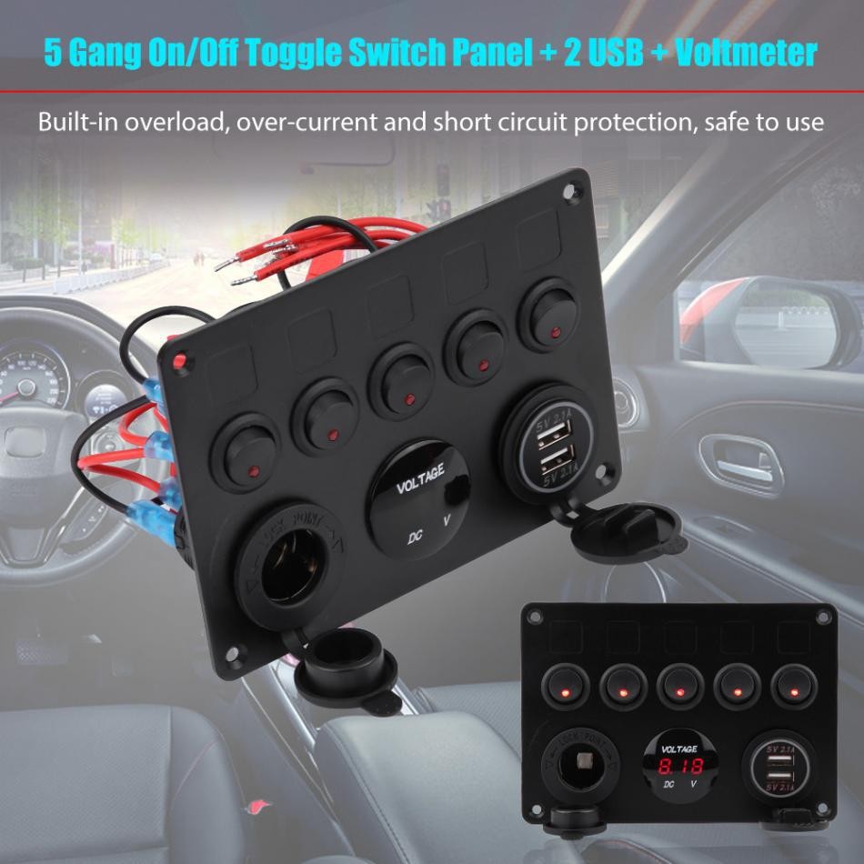 5-Gang Multi-Functional Rocker Switch Panel With Dual USB Charger