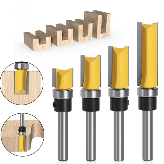4Pcs Flush Trim Pattern Router Bit Set 1/4 Inch Shank Straight Flush Trim Tools