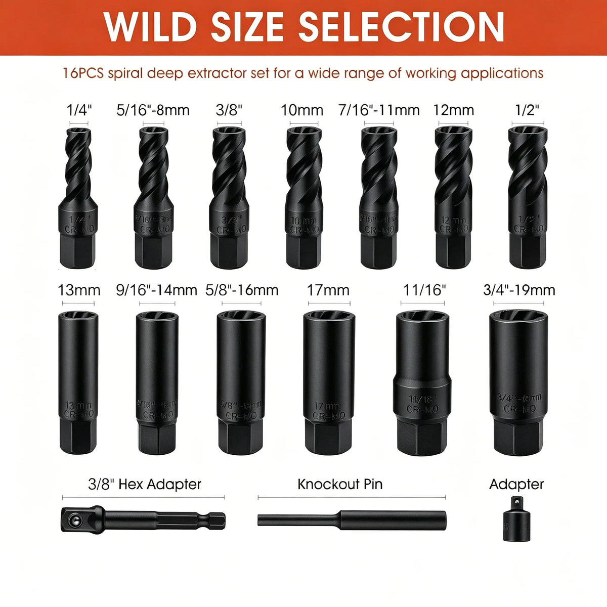 16pcs Drive Deep Well Impact Bolt Extractor Set Wheel Lock Removal Kit