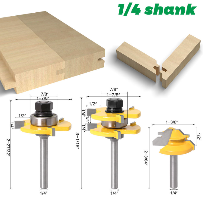 Tongue and Groove Router Bit Set 1/4'' Shank T-type Woodwork Milling Cutter 3pcs