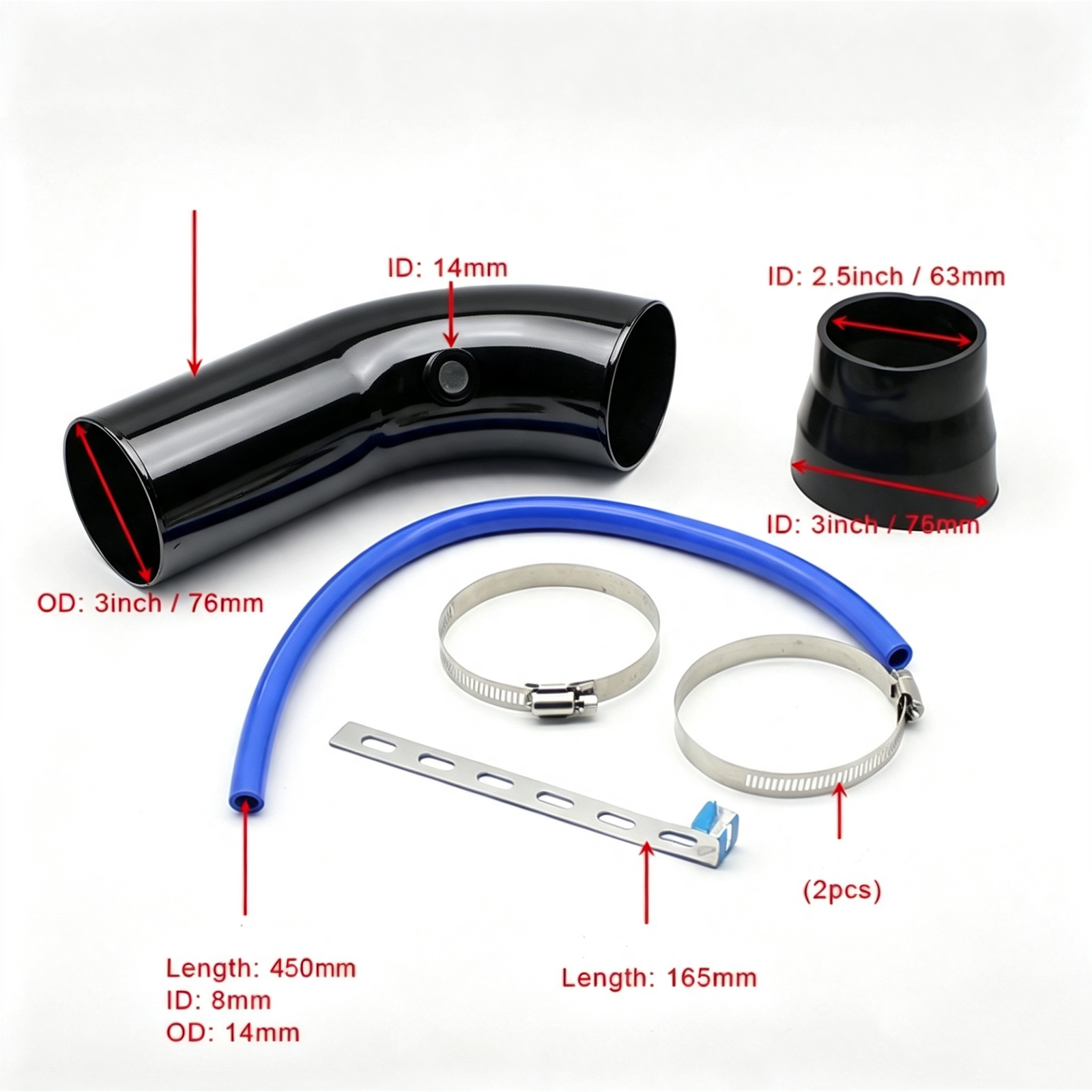 Universal 3'' Cold Air Intake Filter Car Aluminum Induction Kit Pipe Hose System