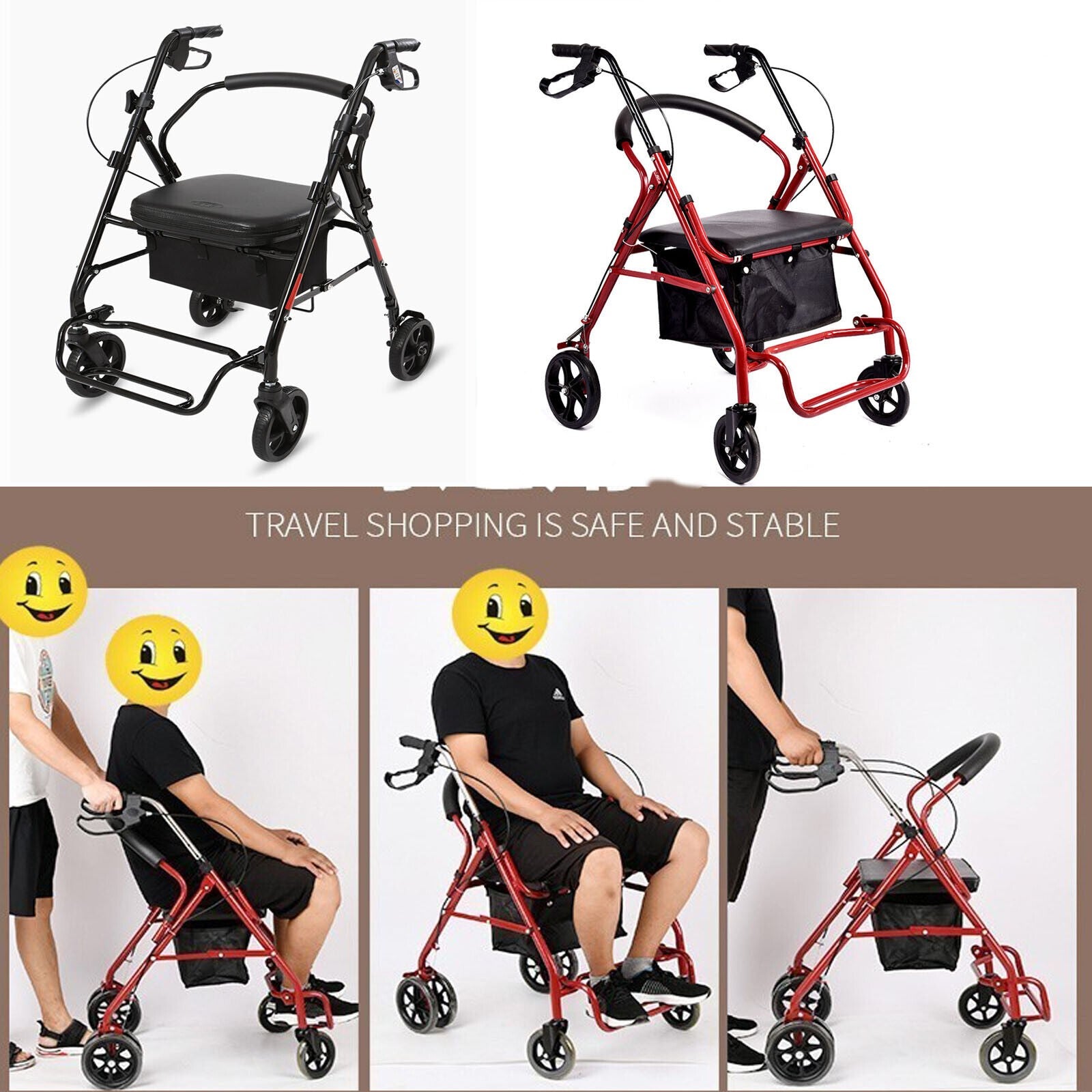 Folding Mobility Walking frame Rollator Seat Walker with Shopping Storage Bag