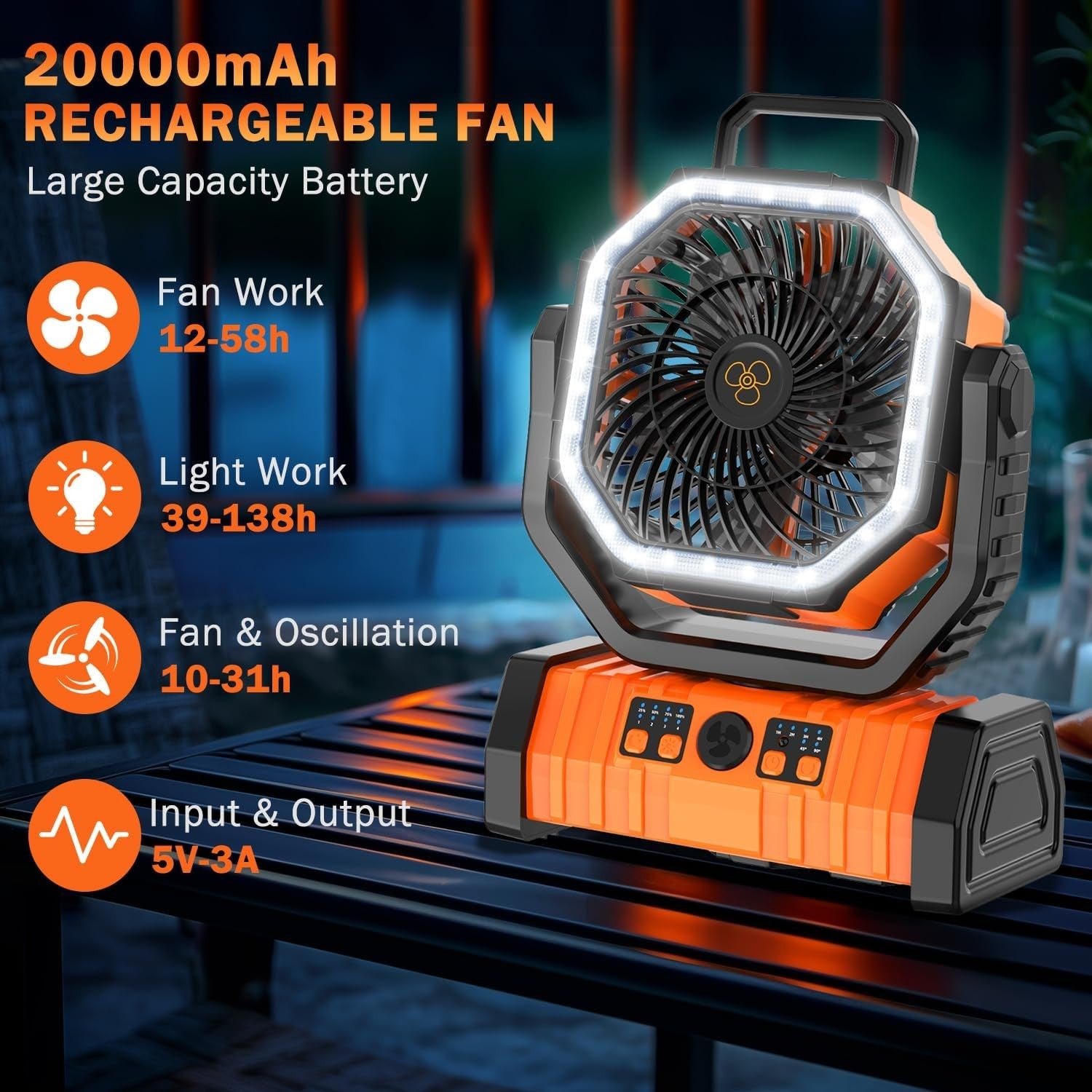 LED Camping Fan 20000mAh Rechargeable Power Bank Remote