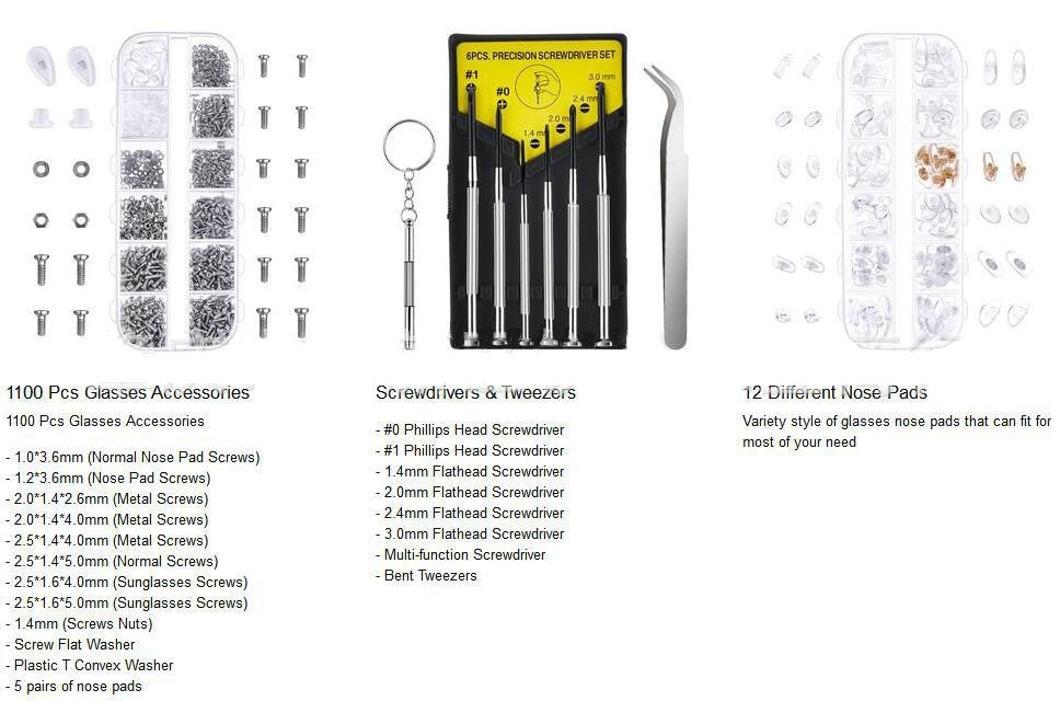 Eyeglass Repair Kit,1220 Pcs Glasses Screws Kit and Nose Pads with Screwdrivers