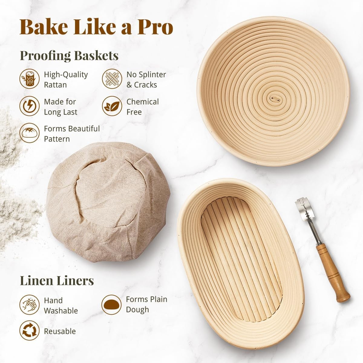 2PCS Bread Proofing Baskets Set with Dough Scraper Whisk Bread Lame