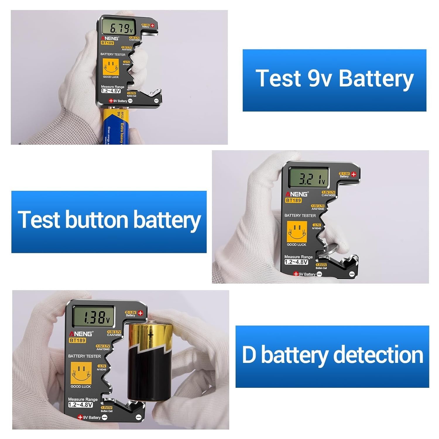 Battery Tester for AAA AA C D 9V F 6F22 1.5V/3V Button Batteries Detector LCD