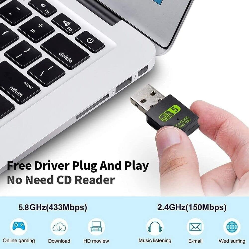 Dual Band 600Mbps USB WiFi Bluetooth 5.0 Wireless Dongle AC600 Adapter 2.4/5GHz