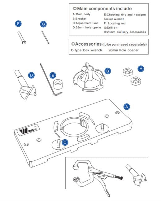 Concealed 35mm Cup Style Hinge Jig Boring Hole Drill Guide with Drill Bit Wood