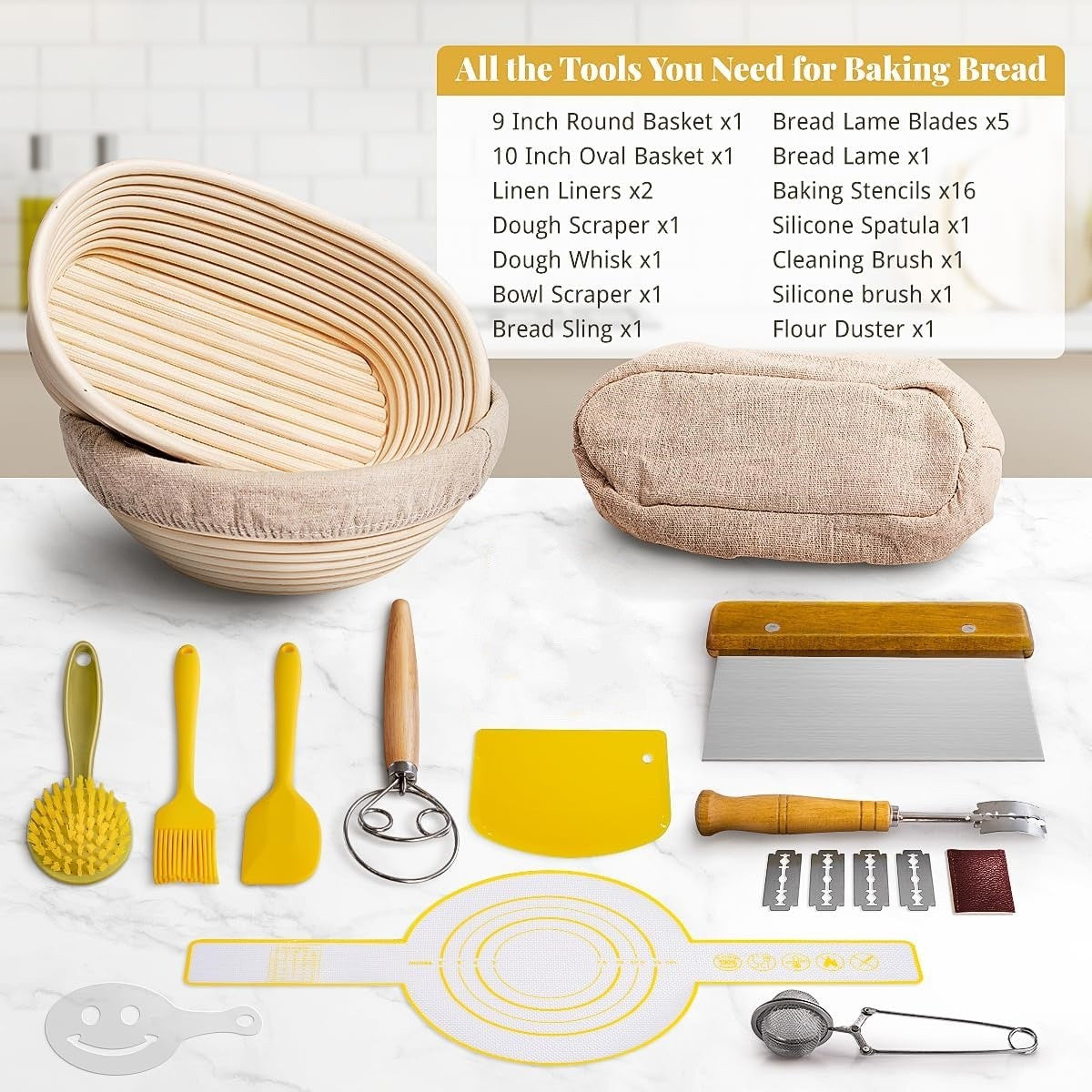 2PCS Bread Proofing Baskets Set with Dough Scraper Whisk Bread Lame