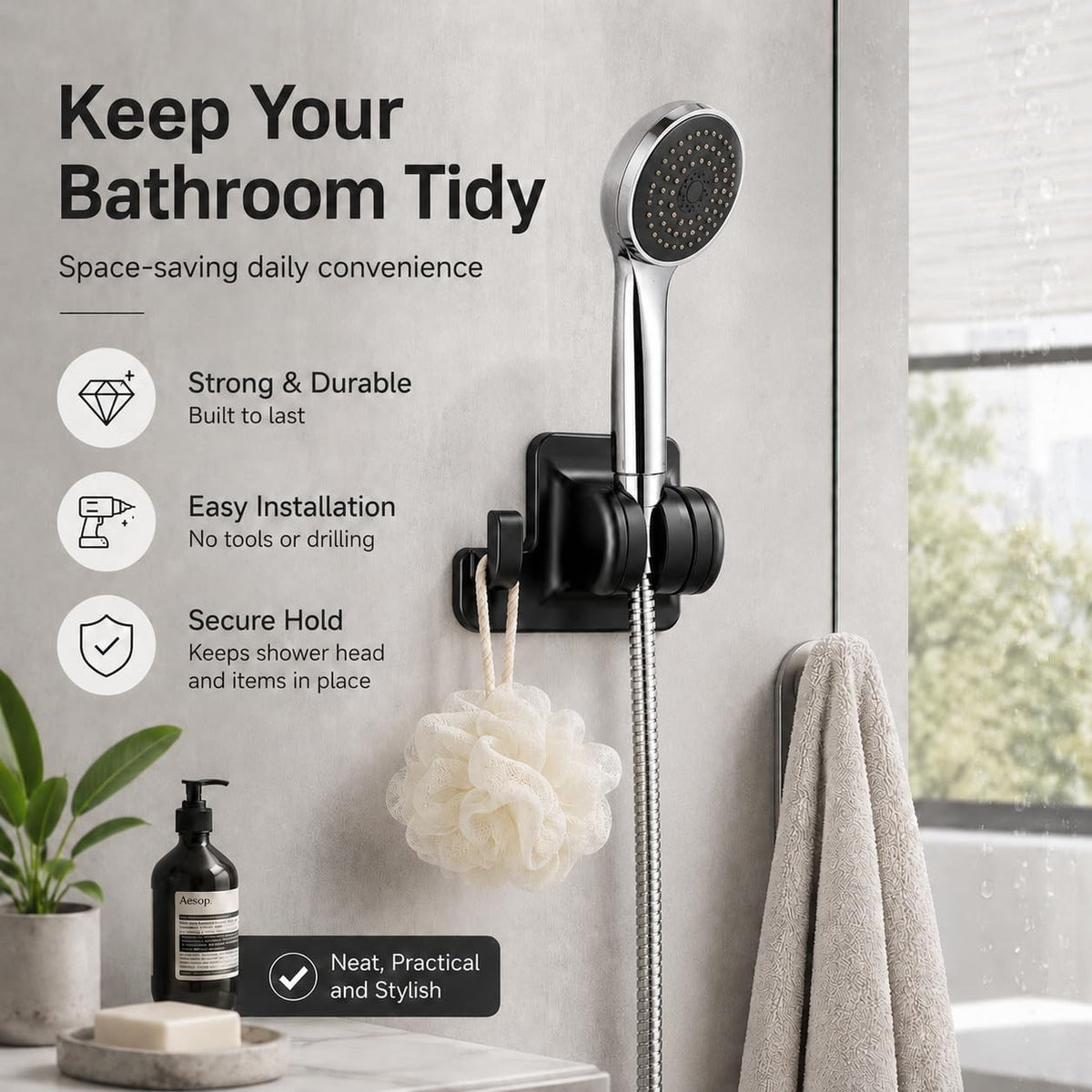 Shower Head Holder 45 Degree Rotatable No Drill Wall Mount Bracket with Hook