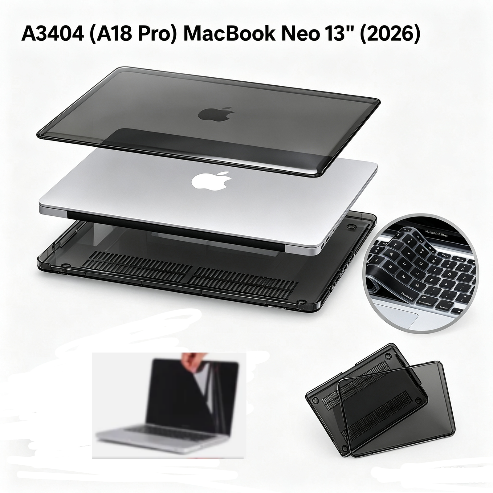 For Macbook 2026 Neo 13" A3404 PC Shell Cover Keyboard & Screen Protector Black