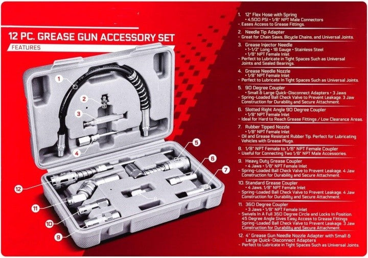 12PCS Grease Gun Accessory Set with Durable Storage Case