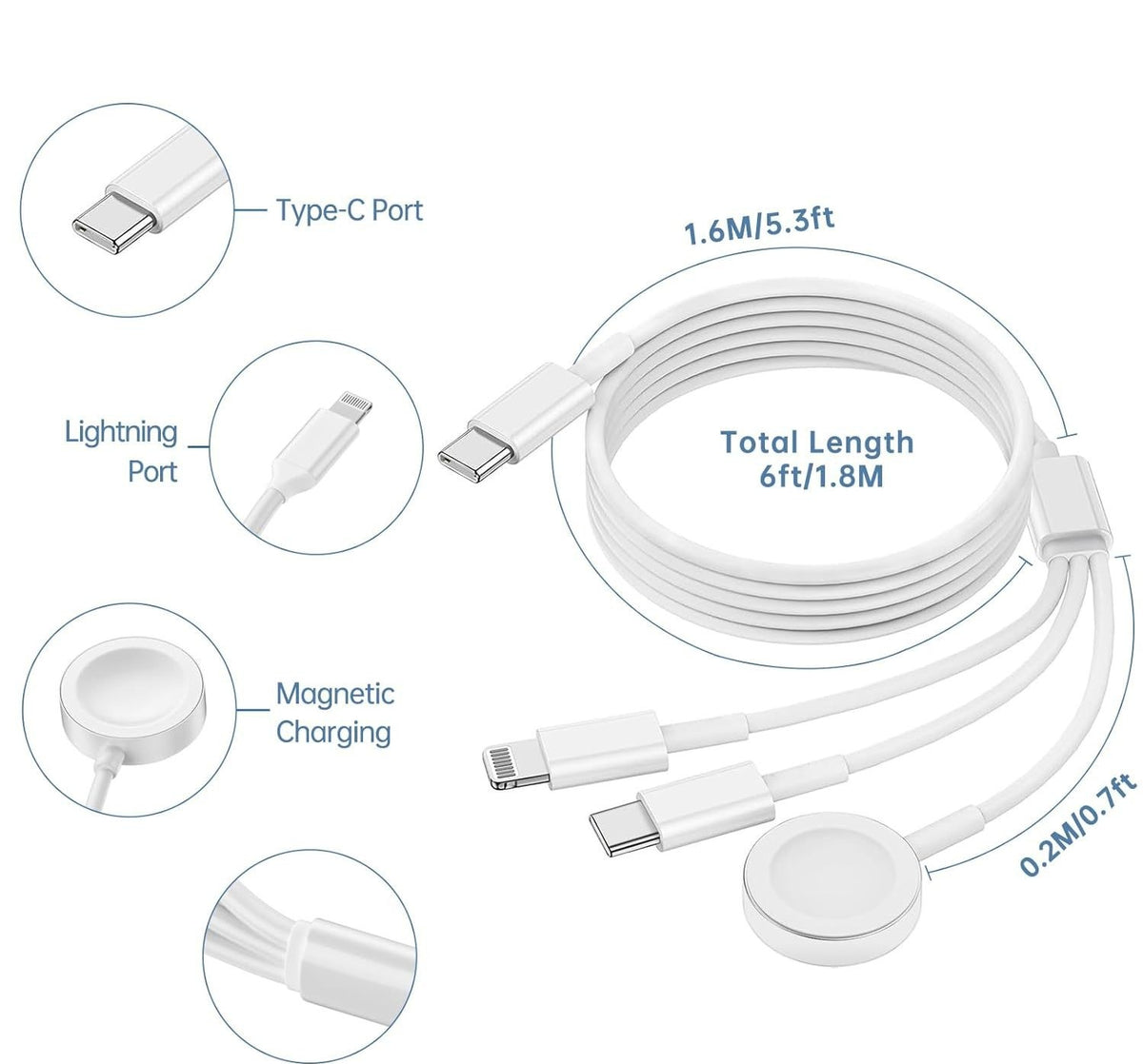 3-in-1 USB-C Charging Cable for Apple Watch, iPhone, iPad & USB-C Android Phones