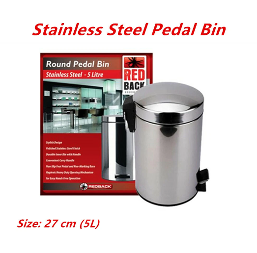 Stainless Steel Pedal Rubbish Bin w Handle Trash Waste Garbage Can Metal Stylish
